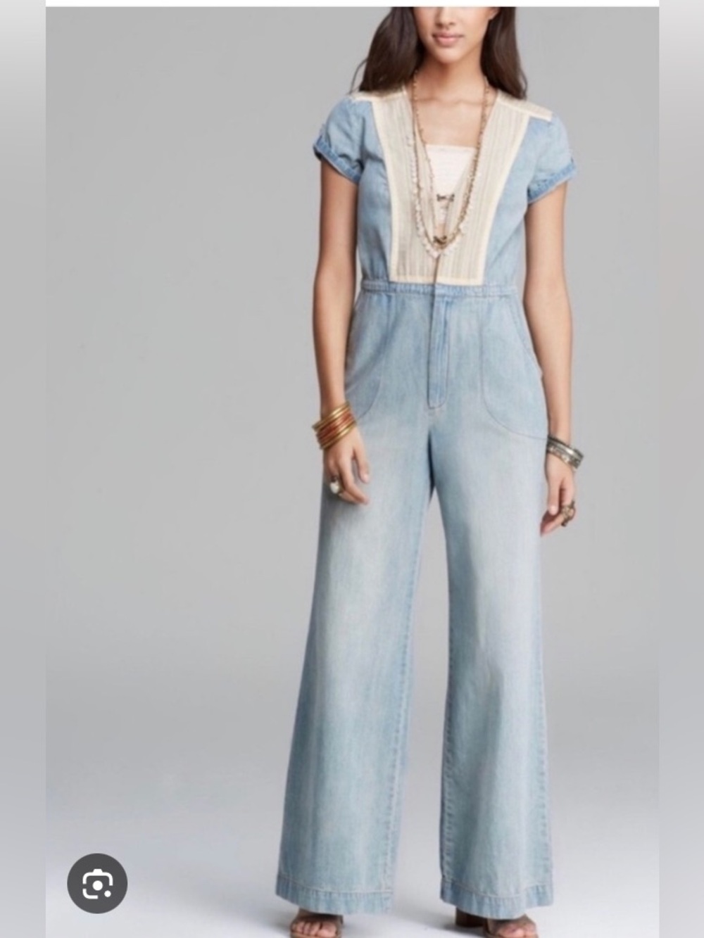 Free People Light Blue Denim Jumpsuit with Cream Placket